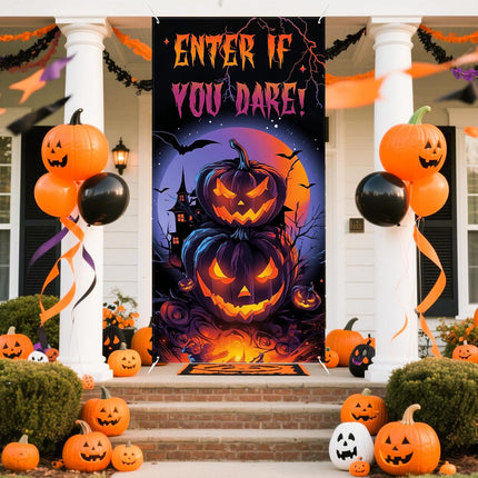 36x71in Halloween Pumpkin Door Cover Banner, Purple Scary Party Wall Window Decor