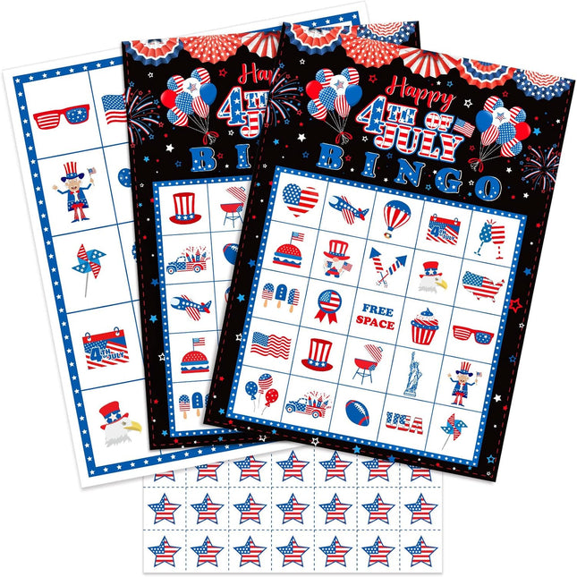 35 Pcs 4th of July Bingo Game – Patriotic Cards for 24 Players, Independence Day Fun