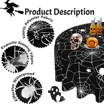 60in Round Black Halloween Spider Web Tablecloth, Waterproof Wipeable Table Cover