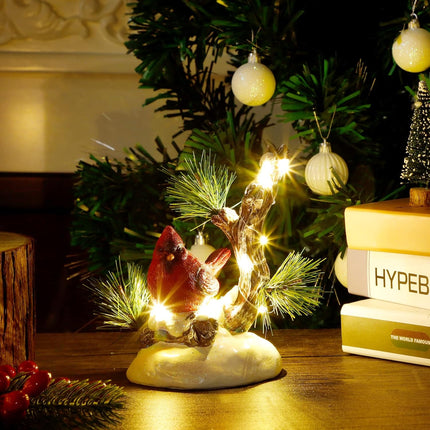 Christmas Tabletop Decor, Lighted Red Cardinal Resin Ornament with LED Lights for Holiday Table