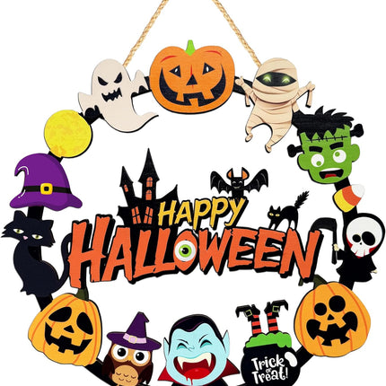 Halloween Wooden Pumpkin Ghost Door Wreath, Happy Halloween Hanging Sign Front Door