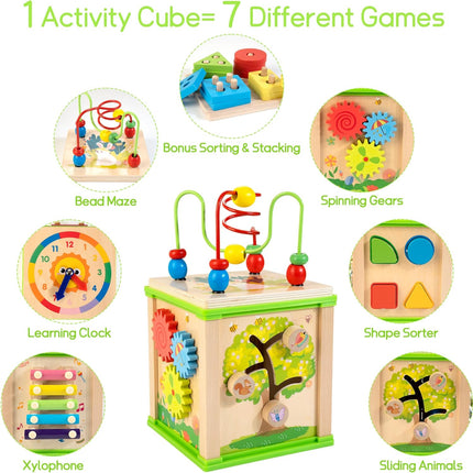 Wooden 7-in-1 Activity Cube – Montessori Educational Toy for Toddlers 1–3