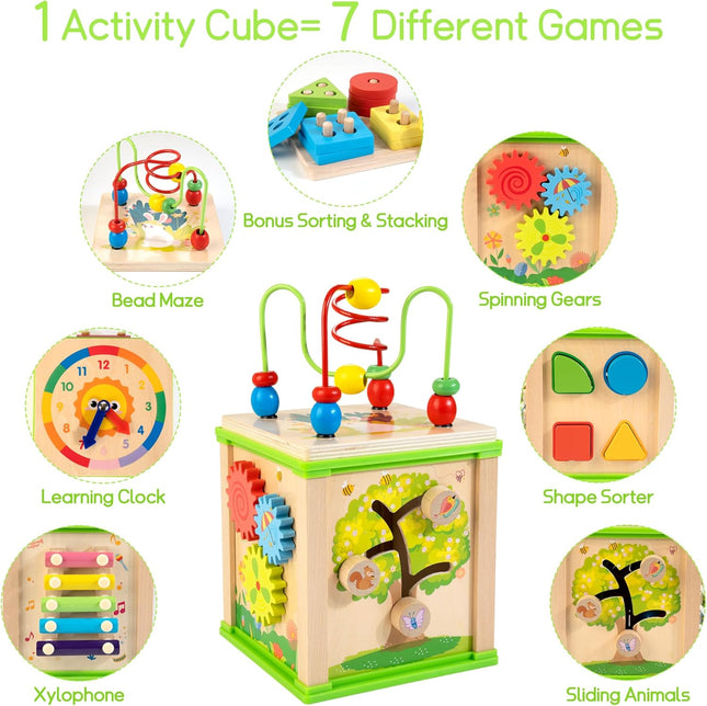 Wooden 7-in-1 Activity Cube – Montessori Educational Toy for Toddlers 1–3