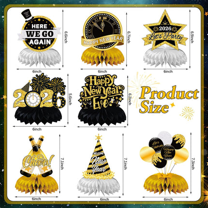 Happy New Year 2026 Table Decorations – 8-Pc Honeycomb Centerpieces
