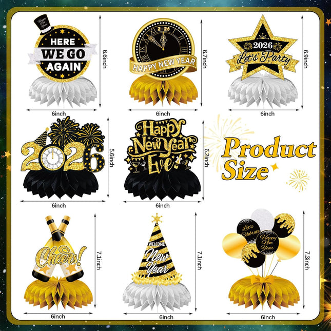 Happy New Year 2026 Table Decorations – 8-Pc Honeycomb Centerpieces