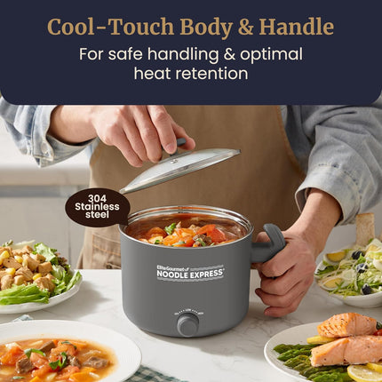 Electric Hot Pot 1.5L Stainless Steel, Ramen, Rice & Soup Cooker with Glass Lid