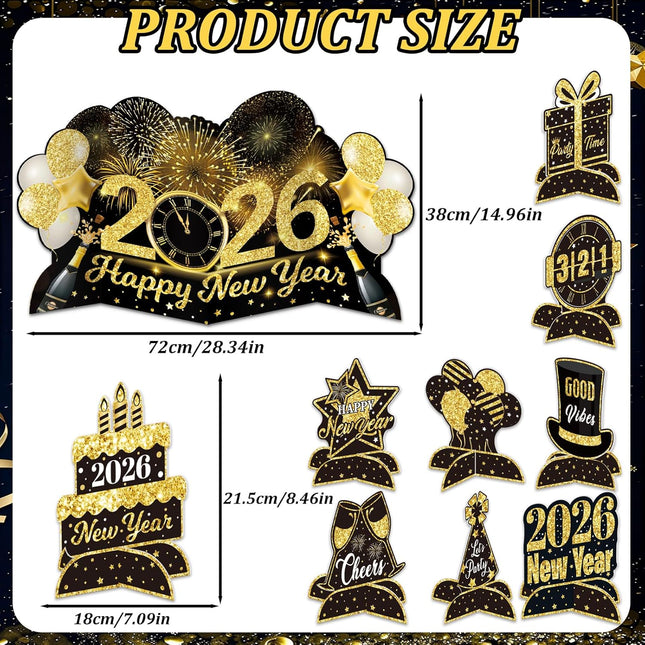 Happy New Year 2026 Table Decor – Black & Gold Honeycomb Centerpieces