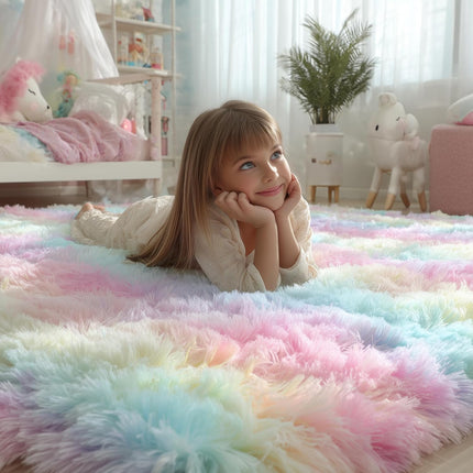 Rainbow Shaggy Rug 4x6 – Plush Fuzzy Carpet for Kids, Nursery & Toddler Room