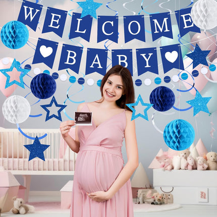 25Pcs Blue Baby Shower Decorations Set with Banner Swirls Honeycomb Balls