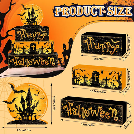 4-Piece Halloween Rustic Tiered Tray Decor Set, Wooden Full Moon Table Signs