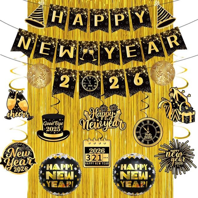 25-Piece 2026 New Year Party Supplies – Black & Gold Banner & Balloons