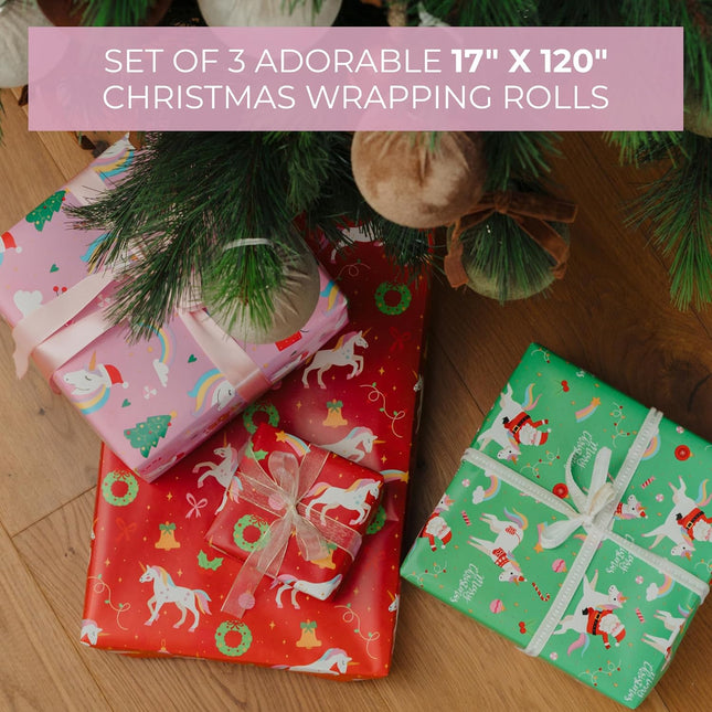 3PCS Festive Unicorn Wrapping Paper – Magical Christmas Gift Wrap for Kids
