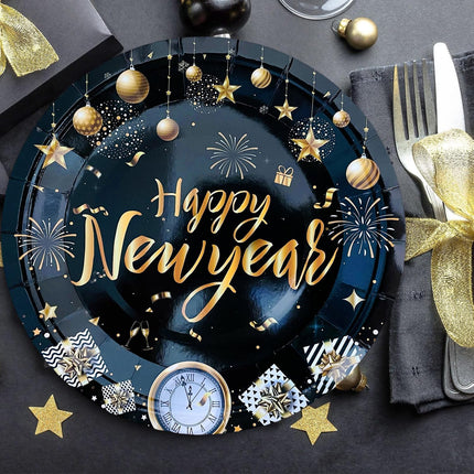 20-Piece 7in New Year Plates – Black & Gold Tableware for Party Decor