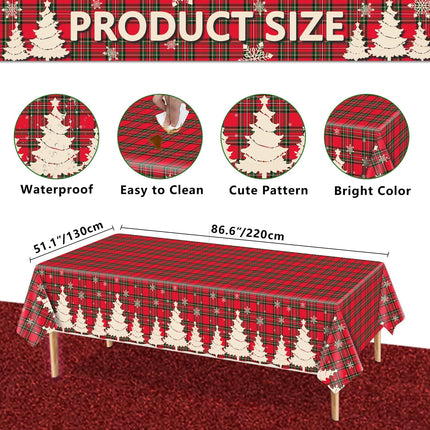 4 Pack Christmas Tablecloths – Buffalo Plaid Checkered Covers with Trees & Snowflakes