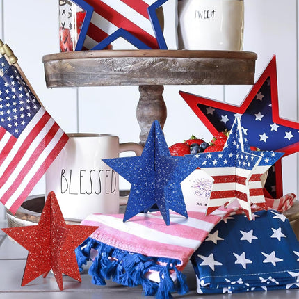 6 Inch Patriotic Wooden Star Decor Red White Blue Labor Day Table Decoration