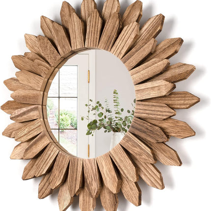 Decorative 12" Wall Mirror – Rustic Sunburst, Boho Style, Carbon Black