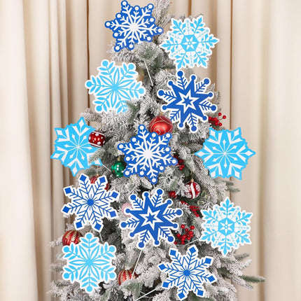 12 PCS Christmas Tree Picks – 8" Blue & White Snowflake Ornaments