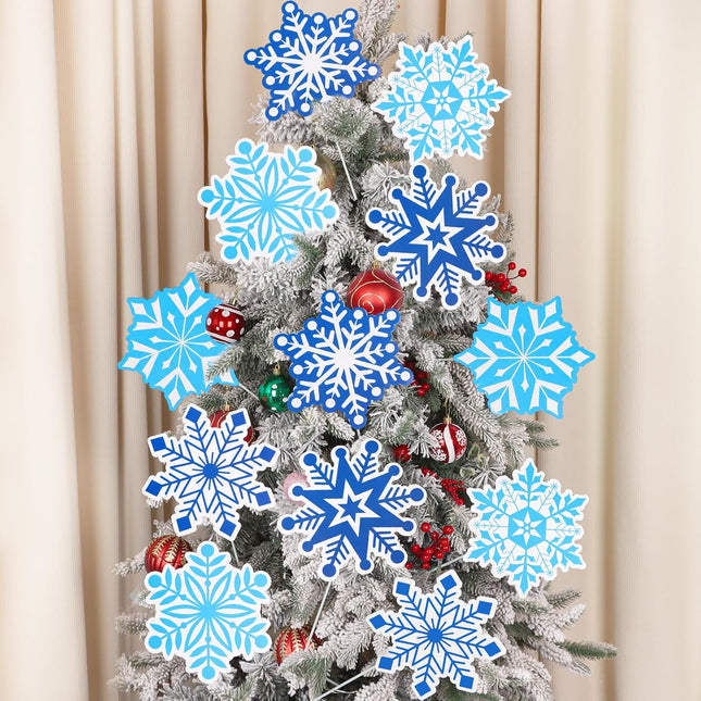 12 PCS Christmas Tree Picks – 8" Blue & White Snowflake Ornaments