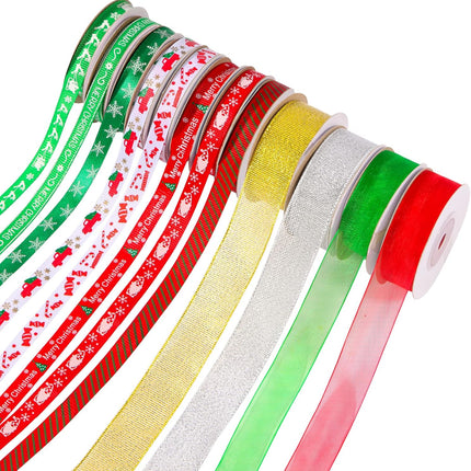 12 Rolls Christmas Ribbon 120 Yards 3/8" Wide Grosgrain Satin Organza Glitter