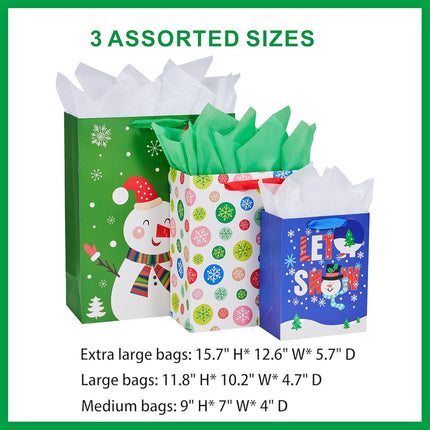 6 Pack Christmas Gift Bags with Tissue Paper Assorted Sizes and Designs