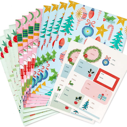 12PCS Cute Christmas Wrapping Paper Sheets – Pink & Mint with Gift Tags