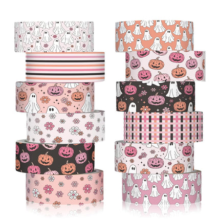 12-Roll Pink Halloween Washi Tape Set, Ghost Pumpkin Floral Scrapbook Craft Tape