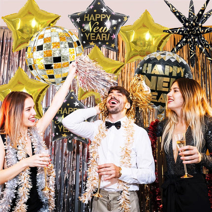 18-Piece Black & Gold Foil Balloons – Happy New Year 2026 Decorations