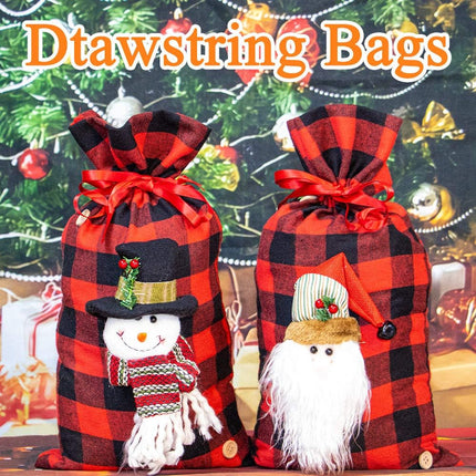 Christmas Santa Sacks 3D Buffalo Plaid Drawstring Bags for Holiday Gifting
