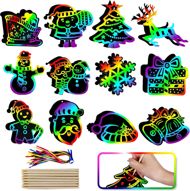 48PCS Christmas Crafts Scratch Art for Kids – Magic Rainbow Scratch-Off Paper Cards