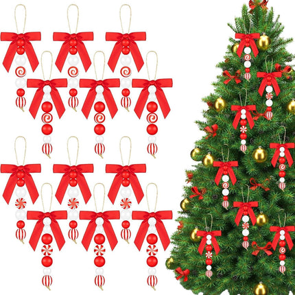 12 Sets Candy Cane Christmas Ornaments – Rustic Wood & Bead Decor with Bows