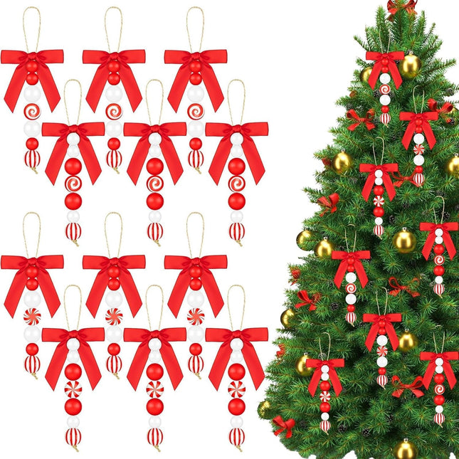 12 Sets Candy Cane Christmas Ornaments – Rustic Wood & Bead Decor with Bows