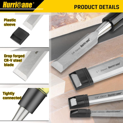 4-Piece Wood Chisel Set – CR-V Steel Blades with Safety Caps & PVC Handles