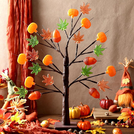 Thanksgiving LED Maple Tree 24" with 3D Pumpkin Light Fall Home Table Decoration