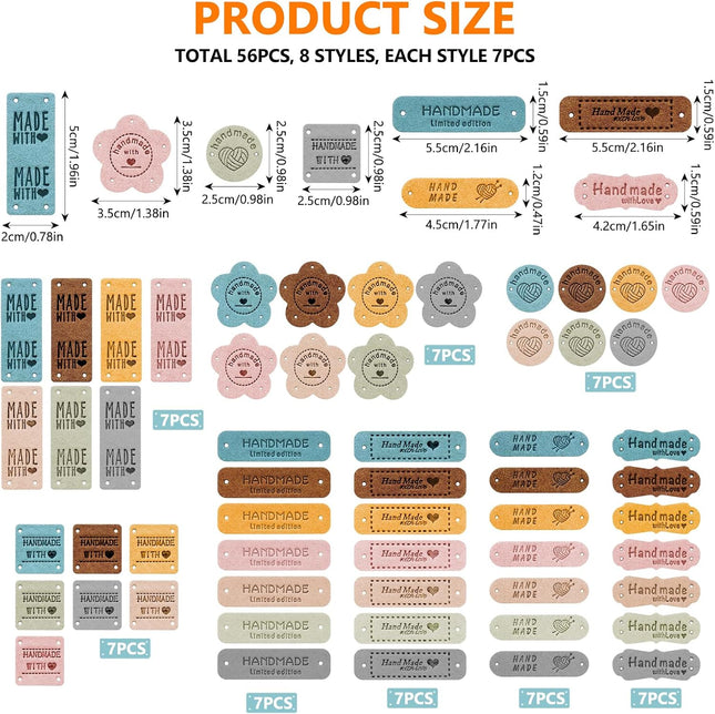 56 Pcs Handmade Leather Labels – Colorful Embossed Tags with Love Hearts for DIY