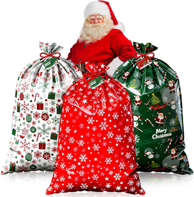 3 Pack Large Christmas Gift Bags – 55x36" Santa Bags with Strings & Tags