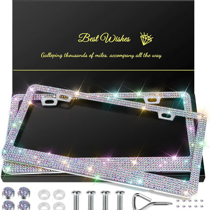 2-Pack Bling License Plate Frames for Women, Rhinestone Crystal Car Accessories