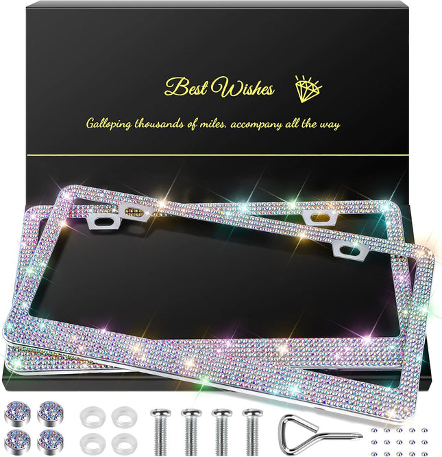 2-Pack Bling License Plate Frames for Women, Rhinestone Crystal Car Accessories