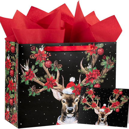 Christmas Gift Bags 13" | Reindeer & Poinsettia Paper Bags with Tissue & Card