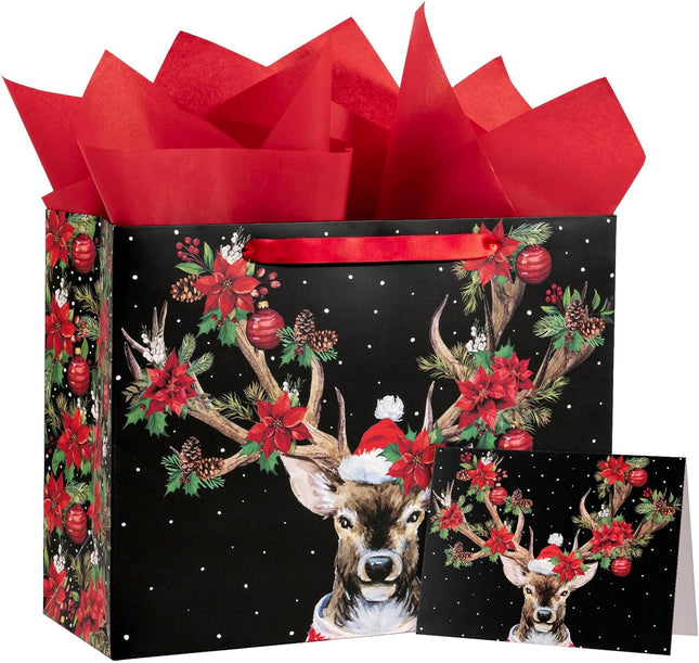 Christmas Gift Bags 13" | Reindeer & Poinsettia Paper Bags with Tissue & Card