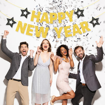 Happy New Year 2026 Banner Gold Glitter Eve Party Holiday Decor Sign