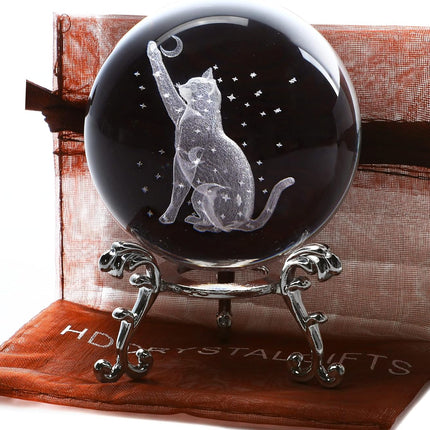 60mm 3D Cat Crystal Ball – Laser Etched Moon & Stars, Paperweight Decor