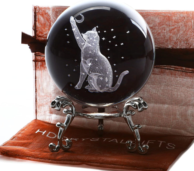 60mm 3D Cat Crystal Ball – Laser Etched Moon & Stars, Paperweight Decor