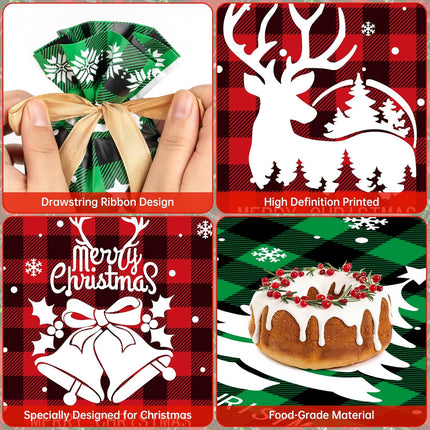 30pcs Christmas Treat Bags – Red & Green Plaid Drawstring Gift Bags
