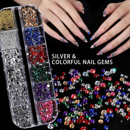 4 Boxes Nail Charms & Gems Set, Rhinestones, Pearls, Stickers, Brushes & Nail Art Tools