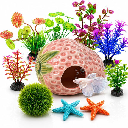 10PCS Aquarium Decorations, Pink Ceramic Strawberry Cave, Artificial Plants & Fish Hideout