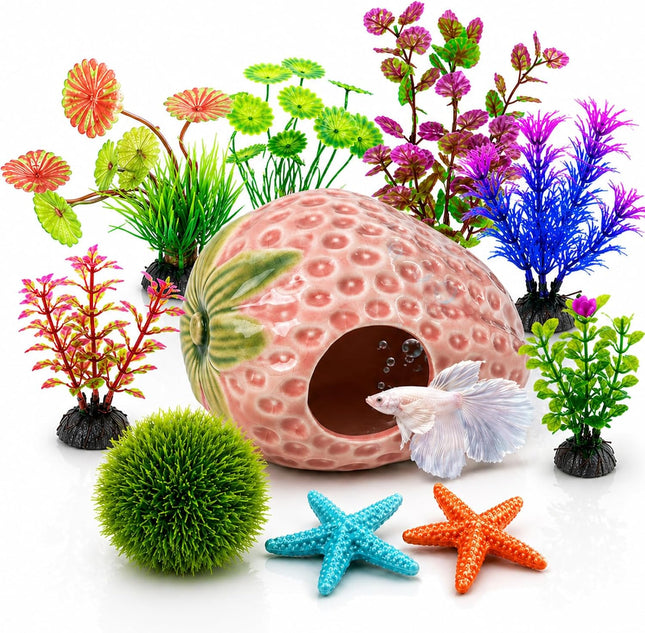 10PCS Aquarium Decorations, Pink Ceramic Strawberry Cave, Artificial Plants & Fish Hideout
