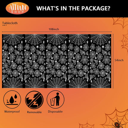 4-Pack 54x108in Black Spider Web Halloween Tablecloths, Disposable Table Covers