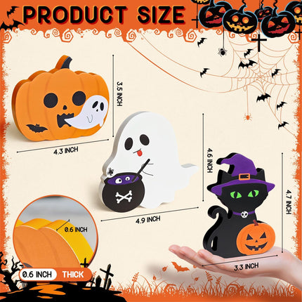 3-Piece Cute Halloween Wooden Decor, Ghost & Pumpkin Tabletop Tiered Tray Signs