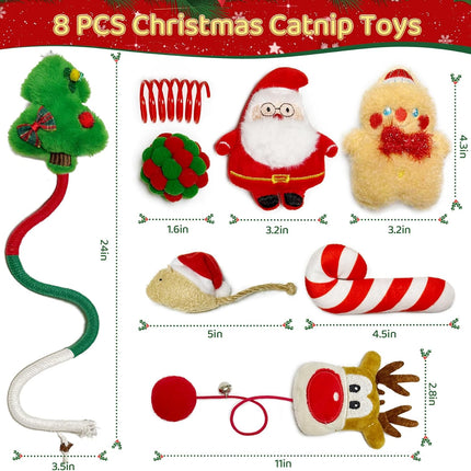 8PCS Christmas Cat Toys – Catnip Toys with Santa, Gingerbread & Chew Rope