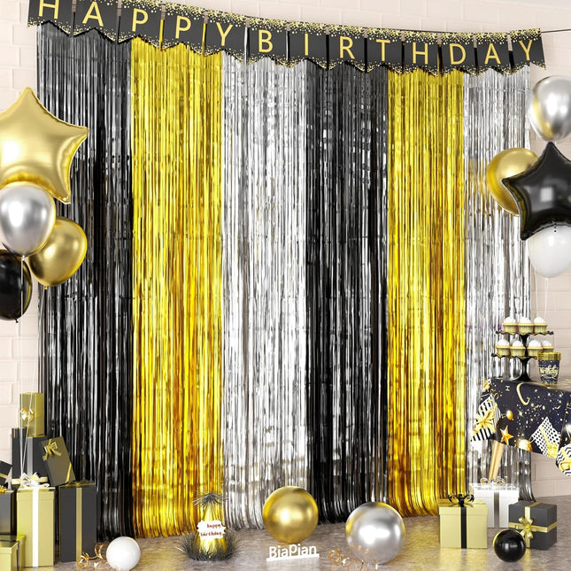 Black Gold Silver Foil Streamers – 2-Pc 3.3×6.6ft Party & Photo Booth Decor